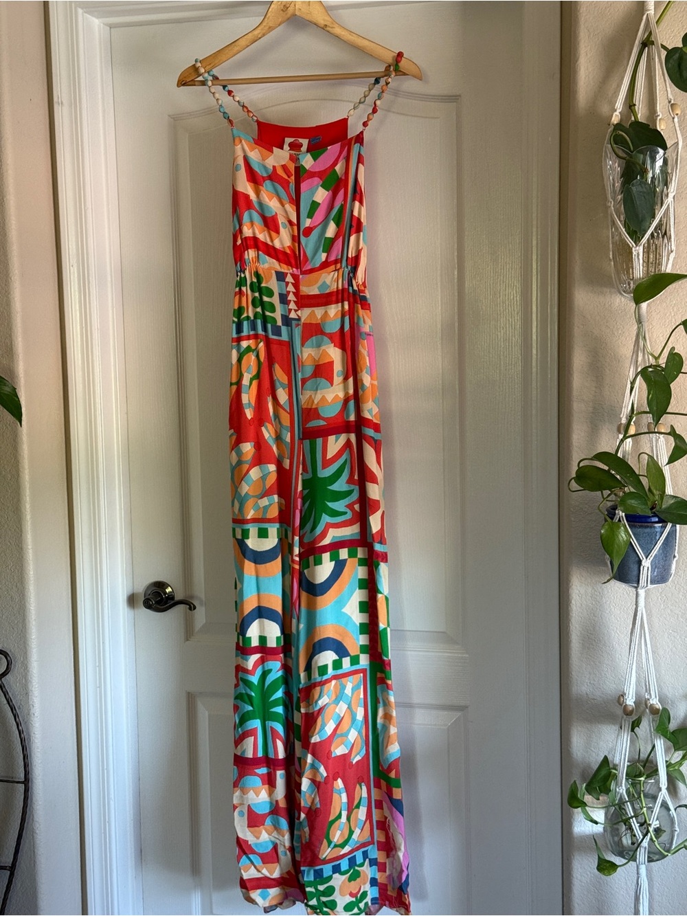 FARM Rio Anthropologie Beaded Strap Wide Leg Tropical Halter Jumpsuit Large - Picture 6 of 16